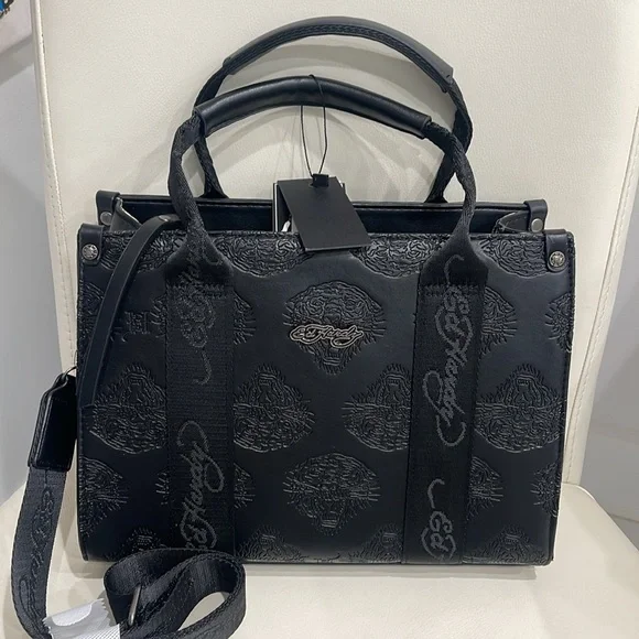 Ed Hardy Black Embossed Tiger Print Satchel Crossbody Bag &  Wallet/Wristlet - Picture 2 of 10